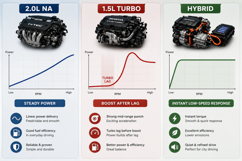 Most Common Honda Civic Engine Types Explained with NA steady power, turbo boost curve, and hybrid instant low-speed response.
