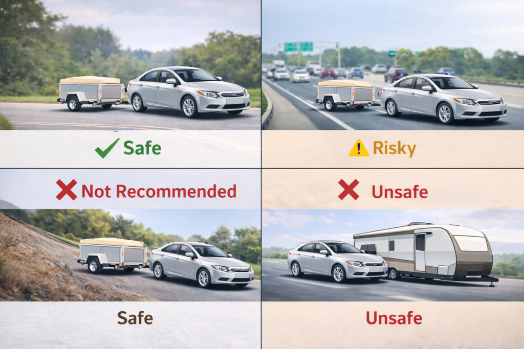 Honda Civic towing safety chart showing small trailer safe, highway risky, uphill and heavy trailer unsafe conditions clearly

