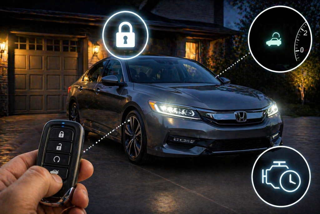 Safety features of the Honda Accord auto start showing locked doors, running engine, dashboard icon, and auto shut-off system in action
