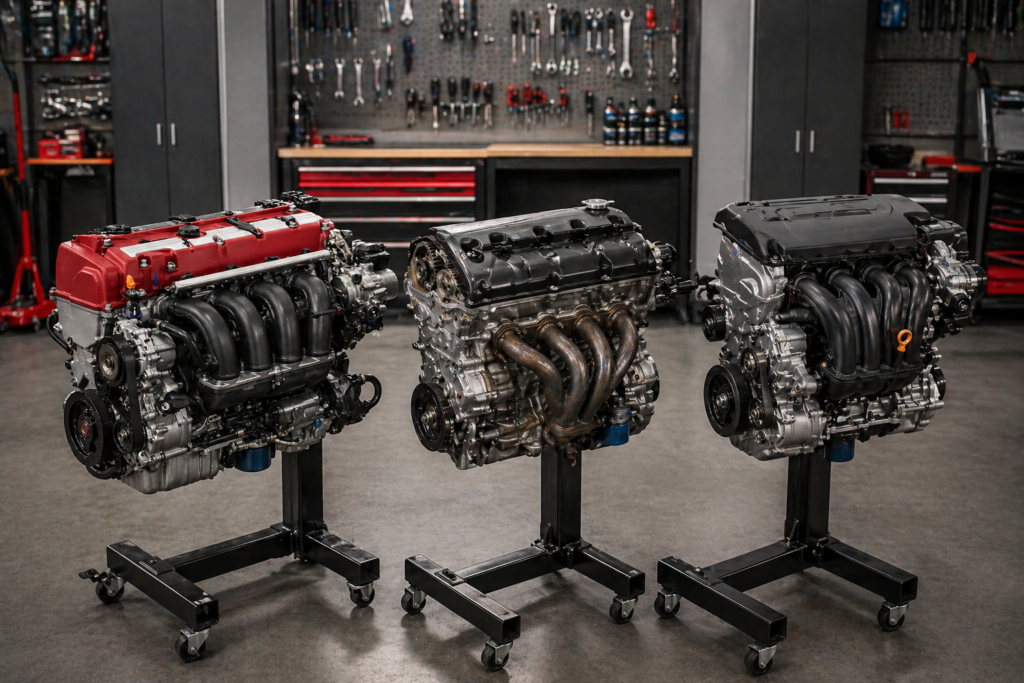 Engine comparison chart showing Honda Civic B16, K20, and R18 turbo engines side by side with specs, design, and performance details visualized
