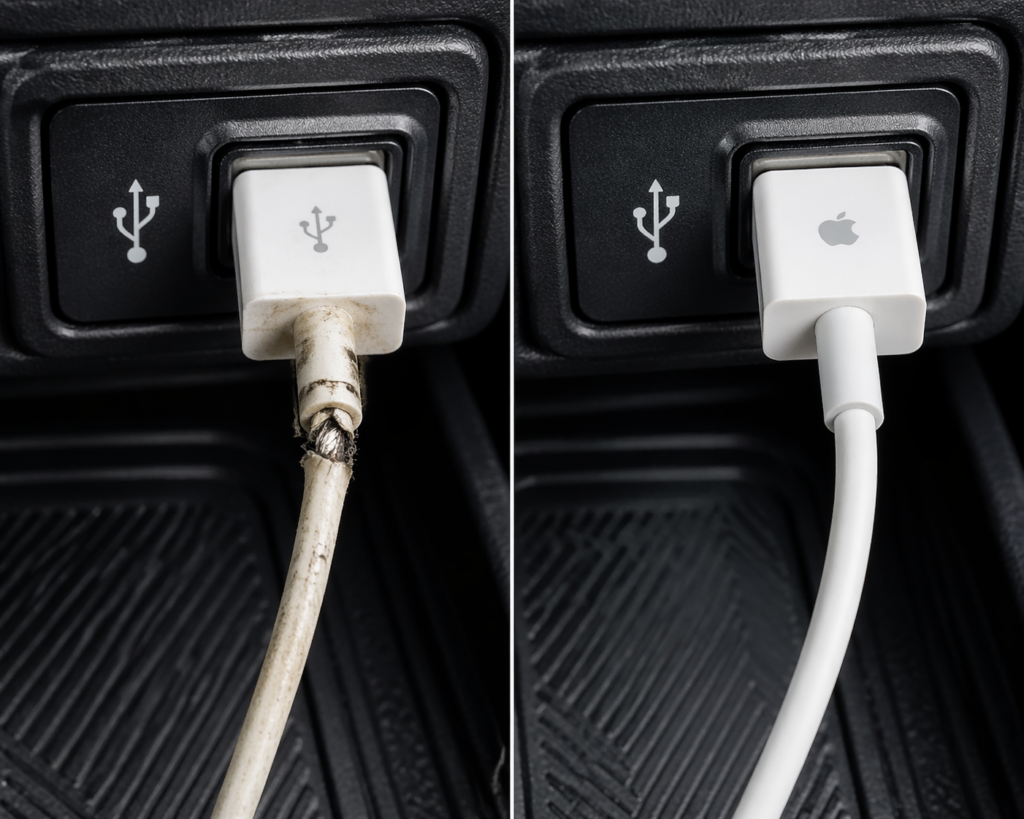 Honda USB port showing damaged vs clean cable highlighting USB Cable Issues (Most Ignored Cause) affecting CarPlay connection reliability