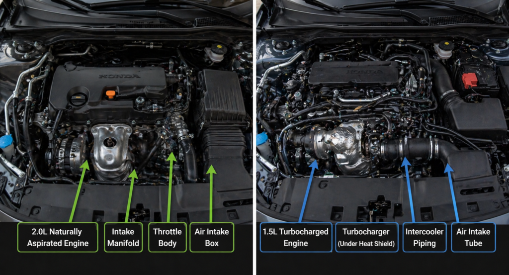 What Are the Engine Options in a Honda Civic? side by side 2.0L and 1.5L turbo engine bay comparison with labeled parts

