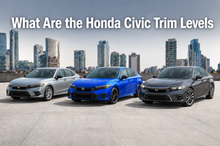 What Are the Honda Civic Trim Levels showing LX Sport Touring comparison with three cars side by side in clean modern setting