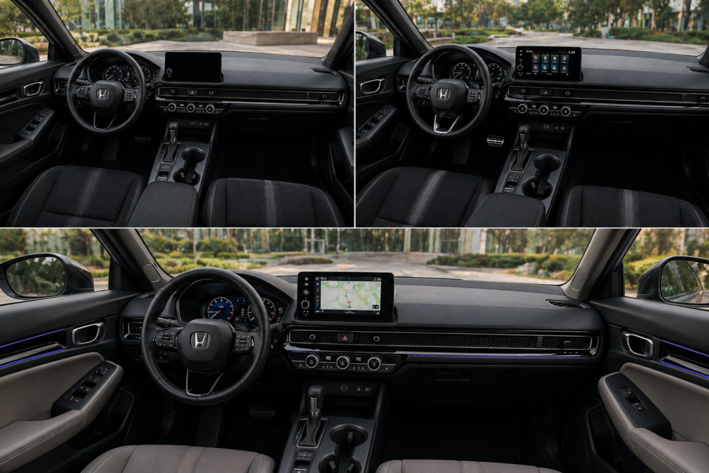 Honda Civic trim comparison showing LX, Sport and Touring interiors with different features, materials and tech in same angle view
