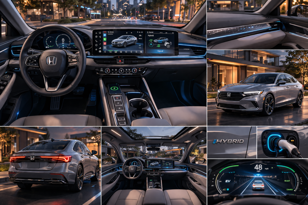 Next Accord redesign concept showing futuristic interior, large digital display, hybrid system, and next-gen platform features
