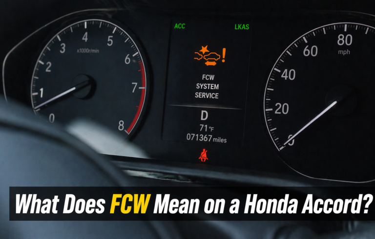 Honda Accord dashboard showing FCW warning light active with collision icon, explaining What Does FCW Mean on a Honda Accord clearly