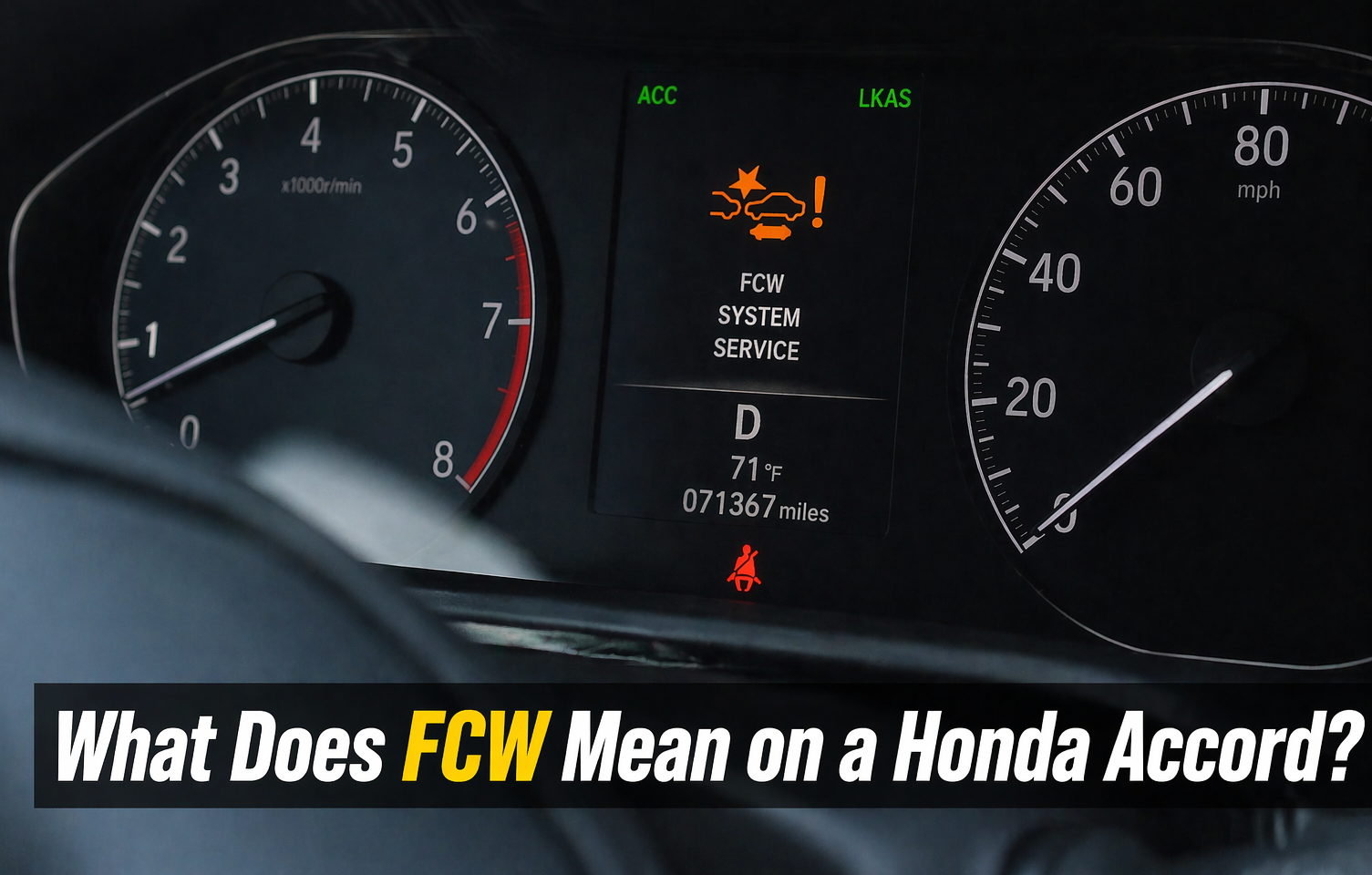 Honda Accord dashboard showing FCW warning light active with collision icon, explaining What Does FCW Mean on a Honda Accord clearly