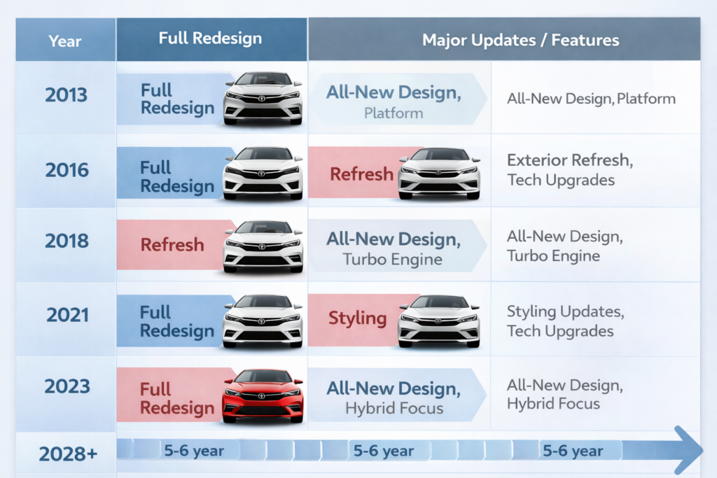 Sedan comparison infographic showing Accord, Camry, and Sonata with update years, hybrid focus, design strategy and feature differences
