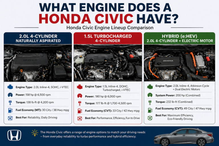 Honda Civic engine comparison showing 2.0L, 1.5L Turbo, and Hybrid options explaining What Engine Does a Honda Civic Have?