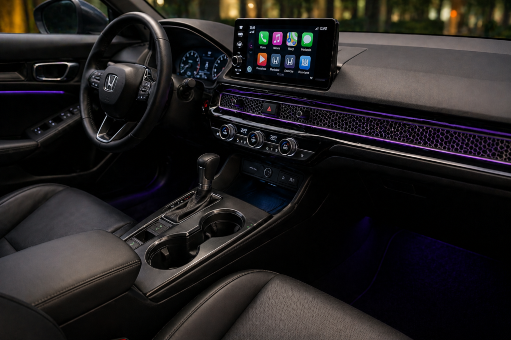 Honda Civic Touring interior close up showing leather seats, infotainment screen on and ambient lighting with premium cabin feel
