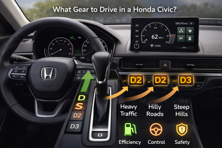Dashboard view showing gear lever D, S, D2, D3 explaining what gear to drive in a Honda Civic for efficiency control and safety