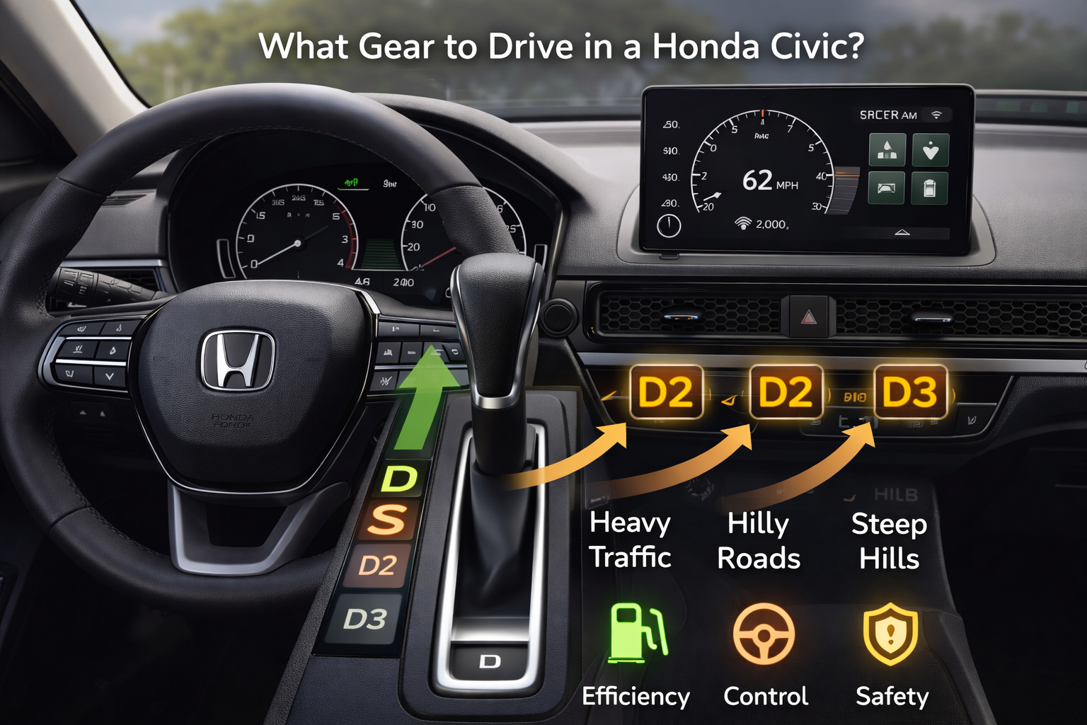 Dashboard view showing gear lever D, S, D2, D3 explaining what gear to drive in a Honda Civic for efficiency control and safety