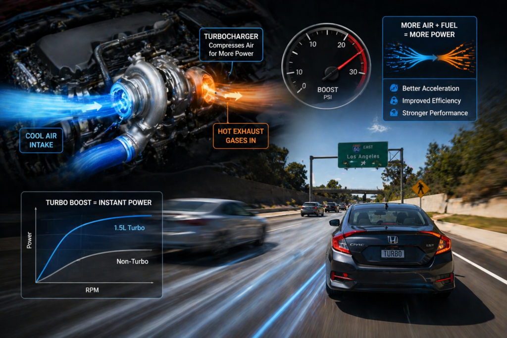 What Is the 1.5L Turbo Engine? turbo airflow graphic with highway acceleration scene showing boost power and fast merging performance
