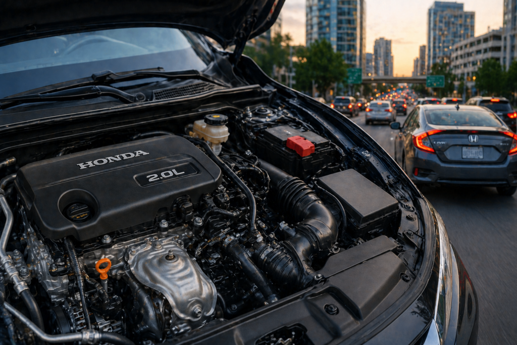 Honda Civic 2.0L engine close-up with smooth city traffic background showing what the 2.0L engine in the Civic looks like.
