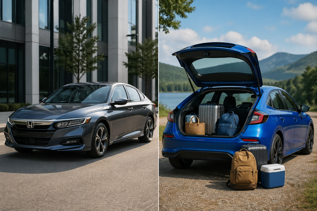 Sedan vs hatchback Honda Civic comparison showing clean design and open cargo space with luggage for real-world practicality
