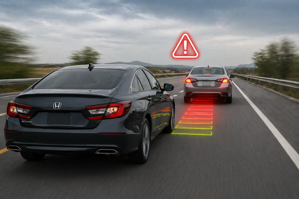 Car approaching another vehicle quickly with decreasing distance gap and warning alert icon showing forward collision risk on highway driving
