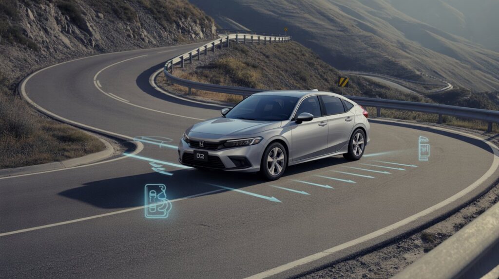 Honda Civic driving on hilly road showing when to use low gears like D2 or D3 with engine braking and fuel efficiency indicators
