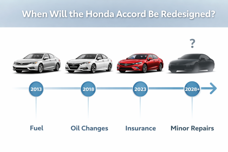 When Will the Honda Accord Be Redesigned? timeline showing 2013, 2018, 2023 models and expected 2028 future redesign evolution
