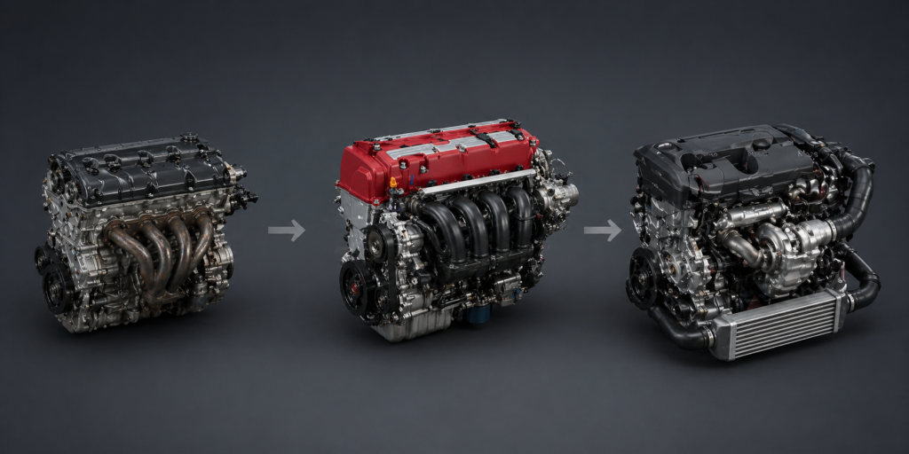 Honda Civic engine evolution from B-series to K-series to modern turbo engine shown side by side with clean layout and realistic detail
