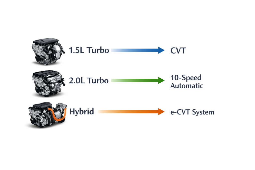 Engine type vs transmission diagram showing how Do Honda Accords Have CVT Transmissions across 1.5L, 2.0L, and hybrid systems clearly
