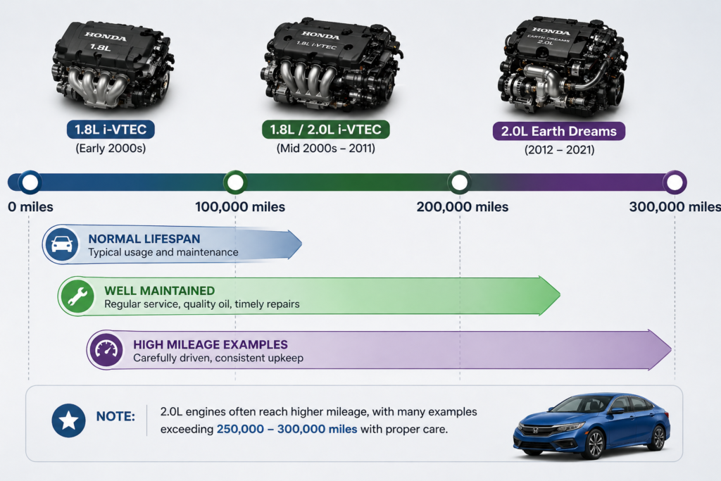 Which Honda Civic Engine Is the Most Reliable by Year mileage graph showing 100k, 200k, 300k lifespan and 2.0L high mileage note
