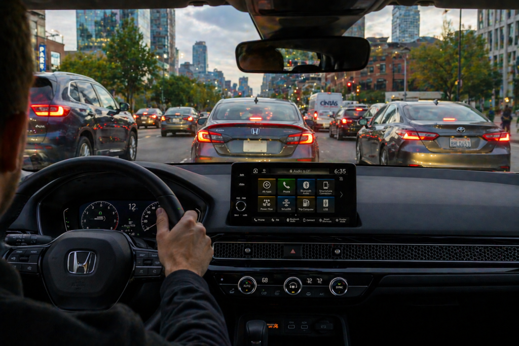 Honda Civic city driving scene from driver view showing dashboard and traffic ideal for daily driving comfort and urban commute experience
