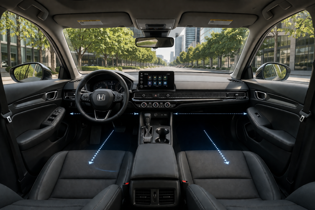 Wide angle Honda Civic interior showing dashboard width, legroom space and open cabin feel with driver and passenger view in focus
