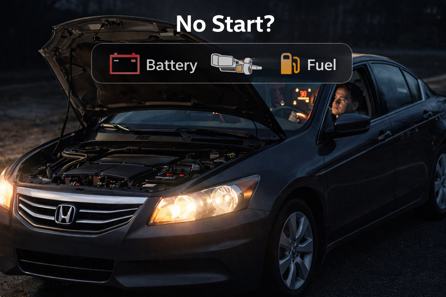 Honda Accord won’t start scene with open hood, dim lights and dashboard on showing common causes why is my Honda Accord not starting