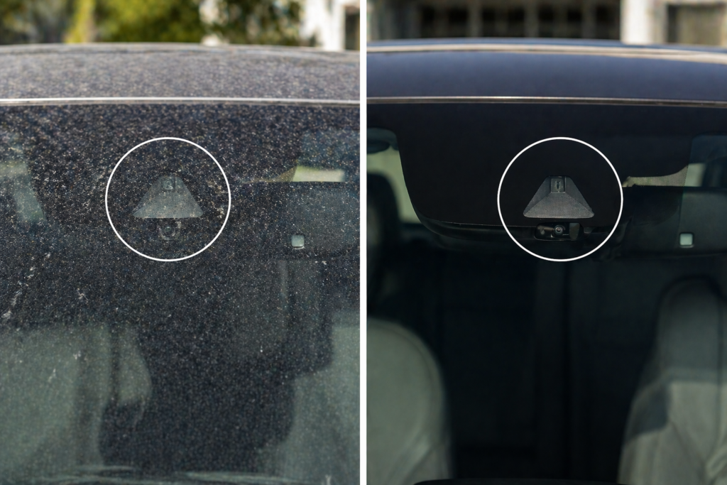 Dirty vs clean windshield camera comparison showing sensor visibility difference, helping prevent Honda Accord FCW warning issues caused by blocked camera
