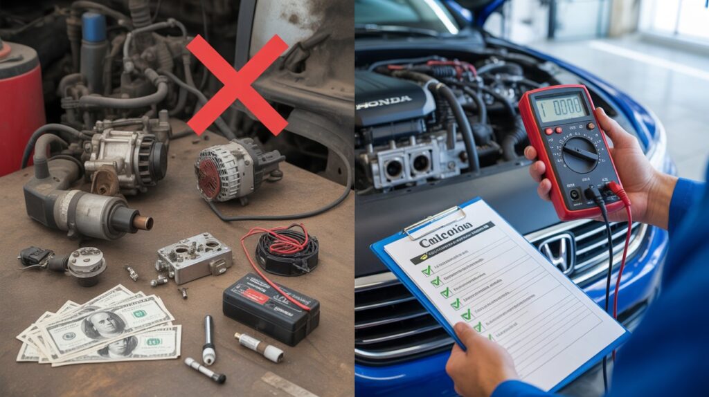 Why is my Honda Accord not starting explained with wrong parts replaced vs proper diagnosis using multimeter and checklist scene