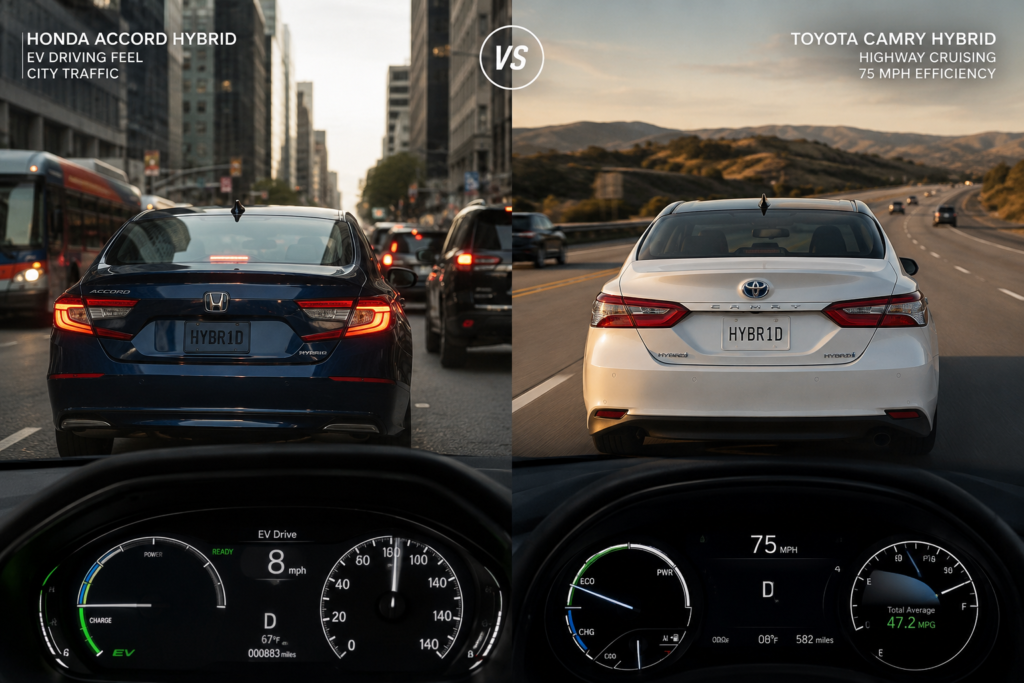 Honda Accord Hybrid vs Camry Hybrid real MPG comparison in city traffic and highway driving conditions