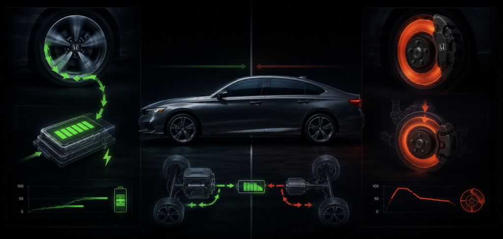 How Regenerative Braking Works in the Accord Hybrid with battery charging and friction brake transition comparison
