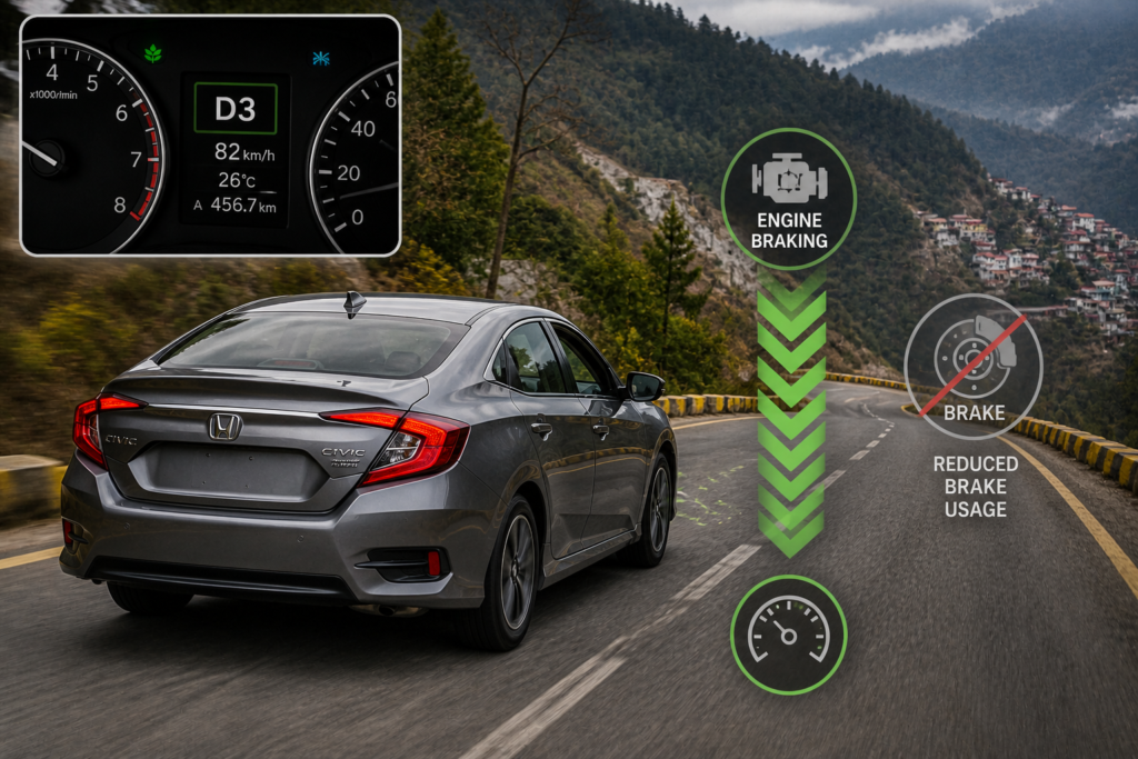 Can D3 help in uphill or downhill driving? Honda Civic on mountain road shows D3 engine braking and reduced brake use downhill.