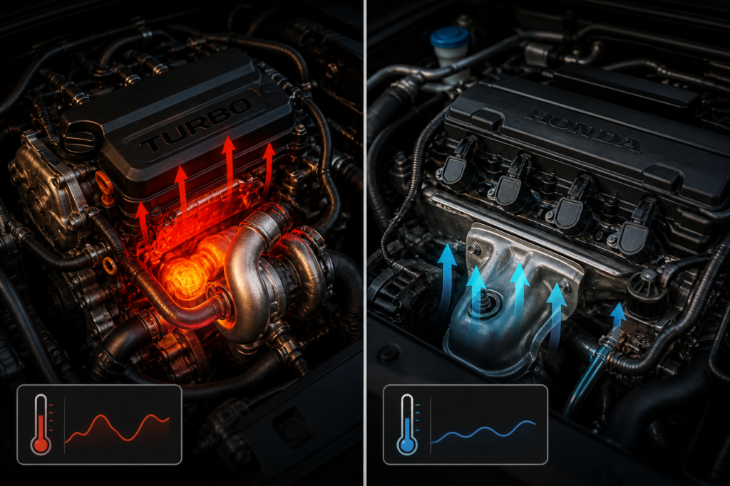 Turbo vs non turbo Honda Civic engine comparison showing heat stress impact, explaining does engine type affect oil change timing

