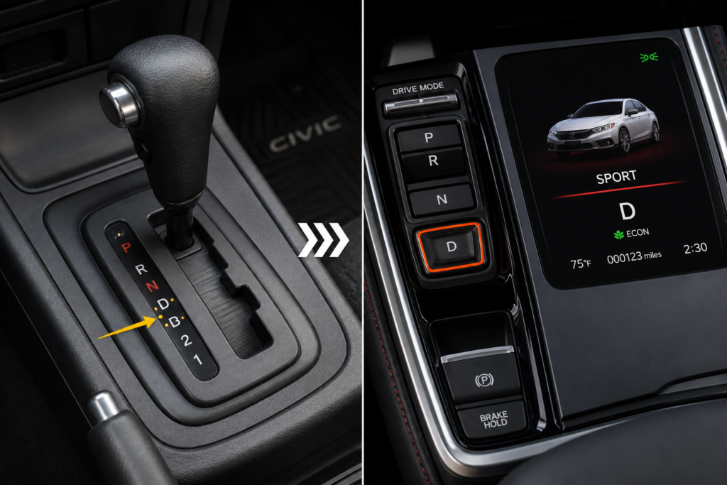 Does the 2026 Honda Civic still have D3 gear comparison showing old gear lever with D1 D2 D3 vs new Civic CVT digital drive mode display.