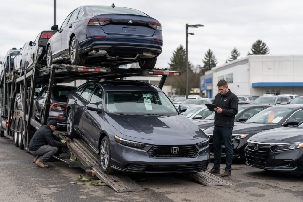 2026 Honda Accord Hybrid delivery arrival at dealership with staff inspecting new inventory during vehicle unloading process.
