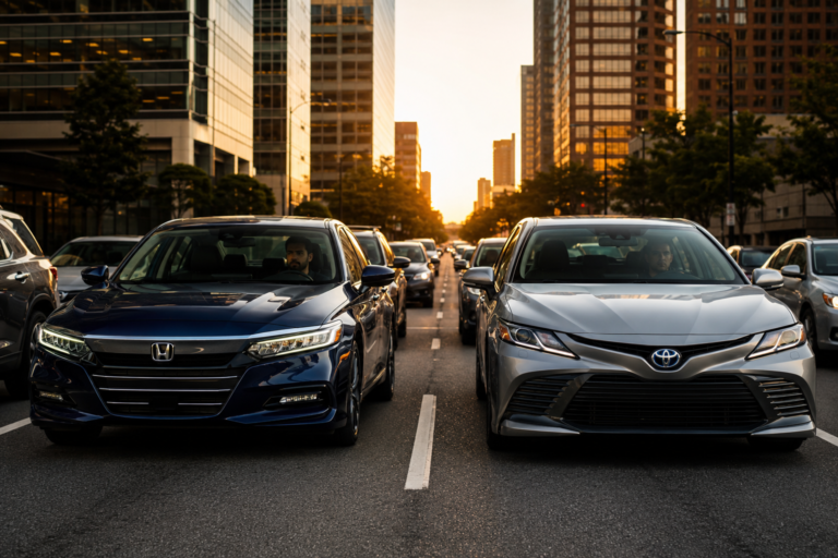 Honda Accord Hybrid vs Camry Hybrid comparison during real city commuting with modern hybrid sedan driving conditions