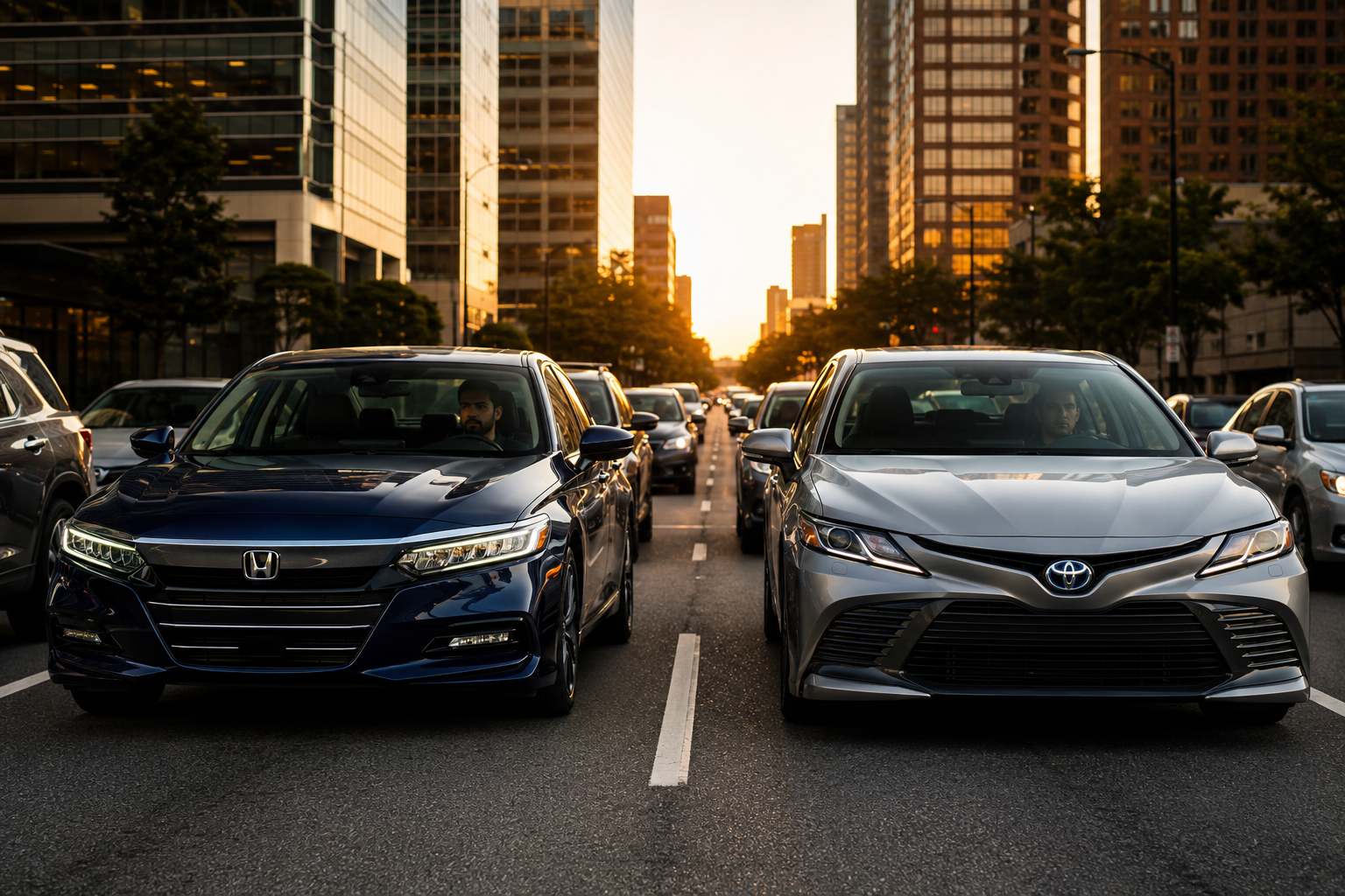 Honda Accord Hybrid vs Camry Hybrid comparison during real city commuting with modern hybrid sedan driving conditions