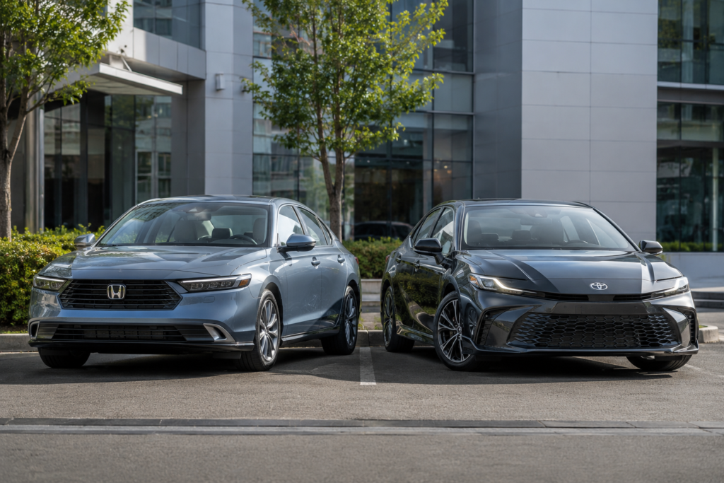 Honda Accord Hybrid and Toyota Camry Hybrid comparison showing different hybrid driving characteristics