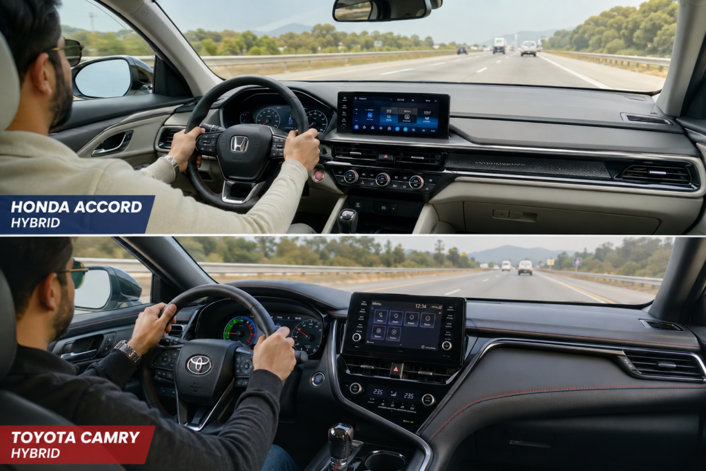 Honda Accord Hybrid vs Camry Hybrid interior comfort and driving feel comparison during highway commuting
