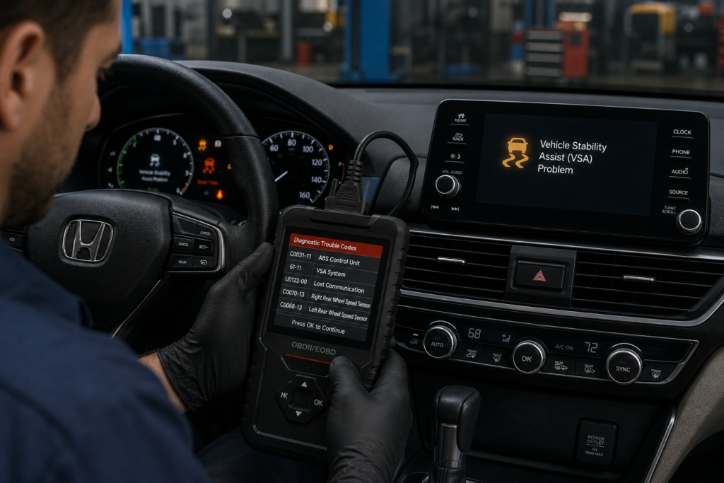 Mechanic scanning Honda Accord with OBD scanner showing ABS and VSA error codes on dashboard during diagnostic check.
