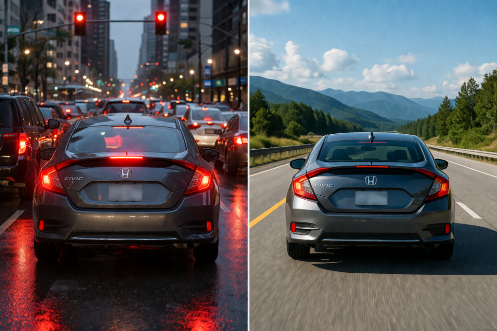 Honda Civic city vs highway driving comparison showing traffic stop go vs smooth cruising, explaining how driving conditions affect oil change timing
