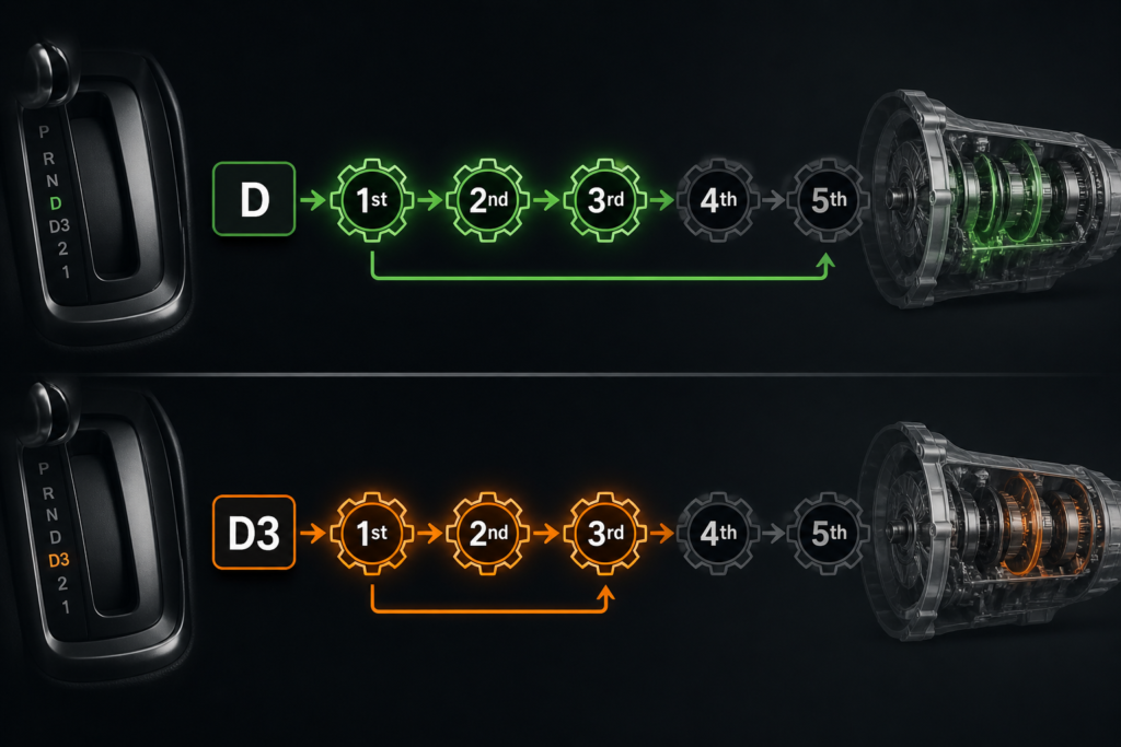 How does D3 work in an automatic car diagram showing D mode full shifting and D3 mode limited to 1st, 2nd and 3rd gear only.
