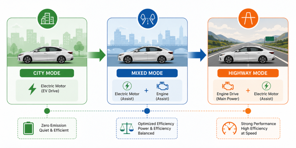 What is eCVT in the Honda Accord Hybrid? Driving mode chart showing EV city drive, hybrid assist, and highway power flow.
