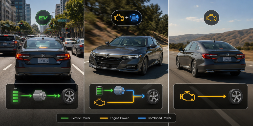 How does power flow in different driving situations? Split infographic showing EV mode, acceleration, and highway energy flow paths
