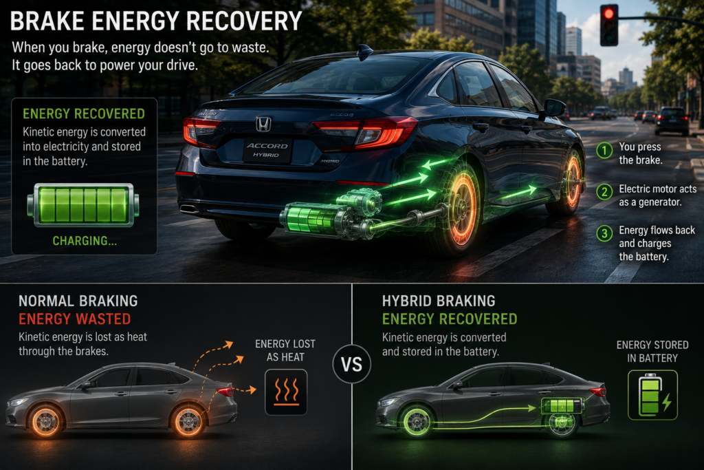Honda hybrid regenerative braking system showing brake energy recovery, charging battery, and electric power flow near traffic lights.