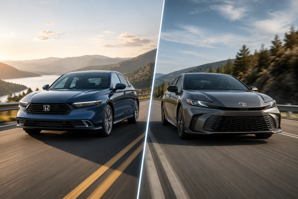 Honda Accord Hybrid vs Toyota Camry Hybrid comparison on highway showing refined sedan styling and sporty hybrid design.
