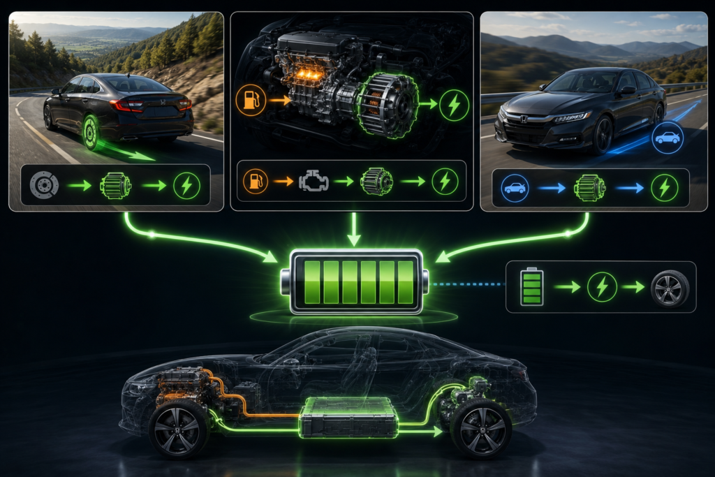 How does the hybrid battery charge and work? Diagram showing regenerative braking, engine generator, and coasting energy charging battery
