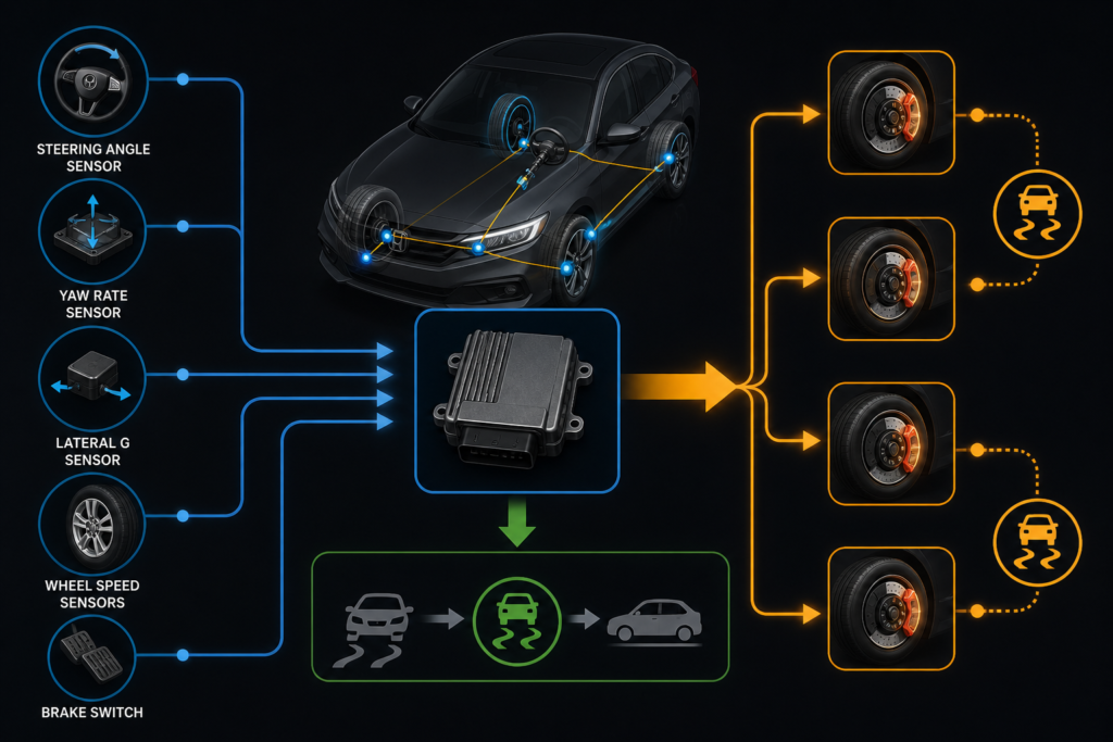 Honda Civic VSA system diagram showing sensors, ECU, and wheel braking response flow for stability control in real driving.
