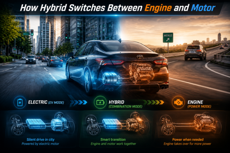 Hybrid car switching between electric motor and engine during city and highway driving showing hybrid power flow